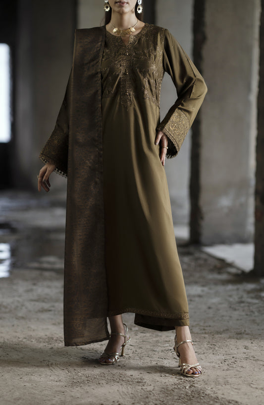 Casual Lite Shaam Boutique Embroidered Silk Viscose Stitched 3 Piece Suit - Mahrosh - CL25SHM - Mehndi - Winter Collection