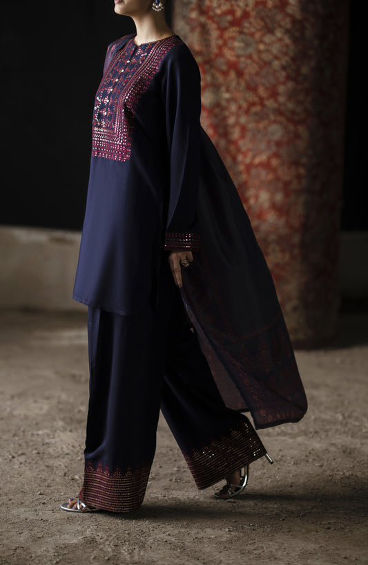 Casual Lite Shaam Boutique Embroidered Silk Viscose Stitched 3 Piece Suit - Sapphire Bloom - CL25SHM - Blue - Winter Collection