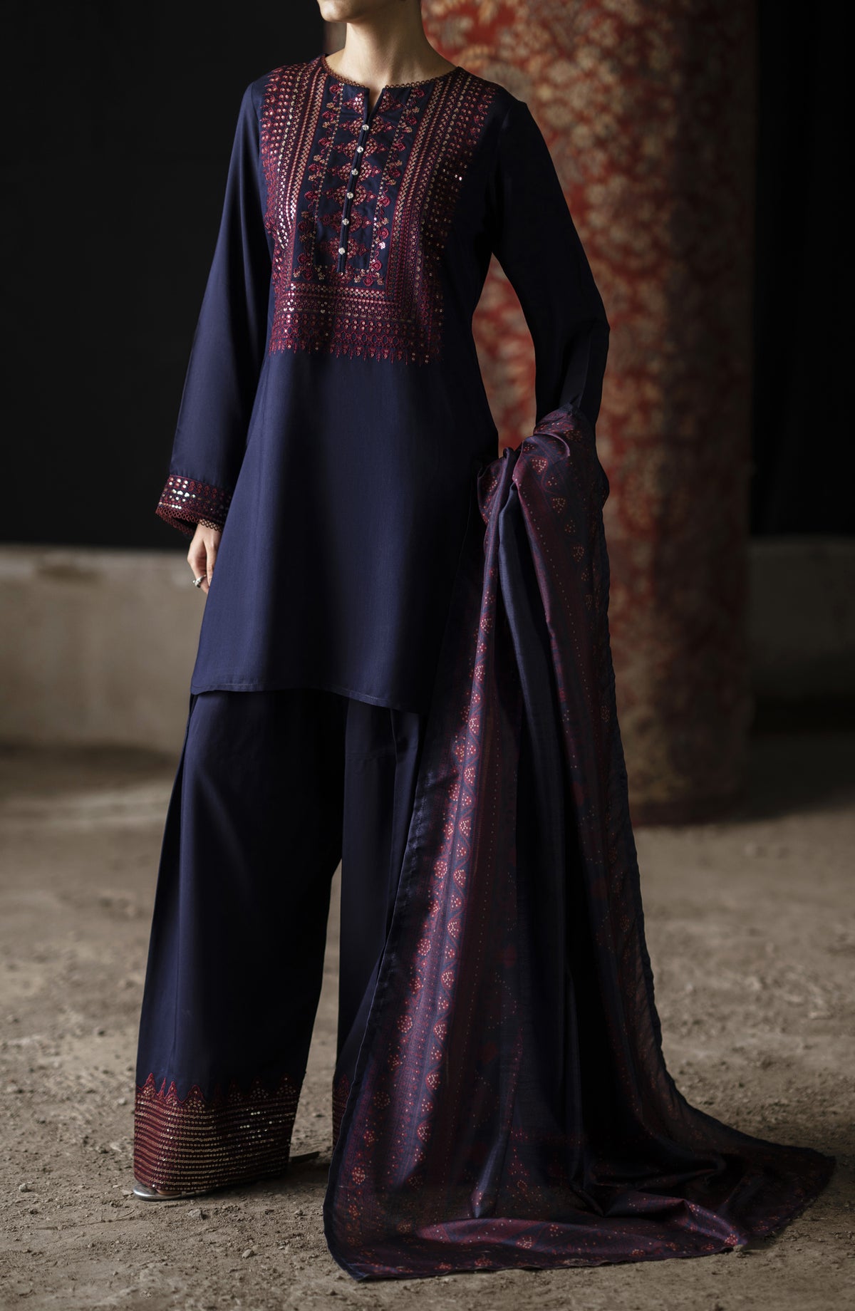 Casual Lite Shaam Boutique Embroidered Silk Viscose Stitched 3 Piece Suit - Sapphire Bloom - CL25SHM - Blue - Winter Collection
