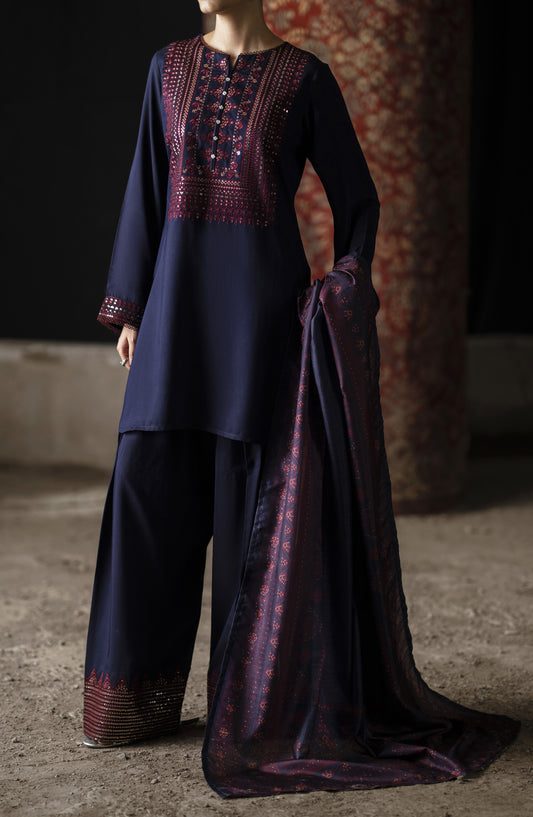 Casual Lite Shaam Boutique Embroidered Silk Viscose Stitched 3 Piece Suit - Sapphire Bloom - CL25SHM - Blue - Winter Collection
