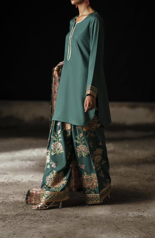 Casual Lite Shaam Boutique Embroidered Silk Viscose Stitched 3 Piece Suit - Jewel Meadow - CL25SHM - Green - Winter Collection