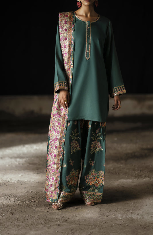 Casual Lite Shaam Boutique Embroidered Silk Viscose Stitched 3 Piece Suit - Jewel Meadow - CL25SHM - Green - Winter Collection