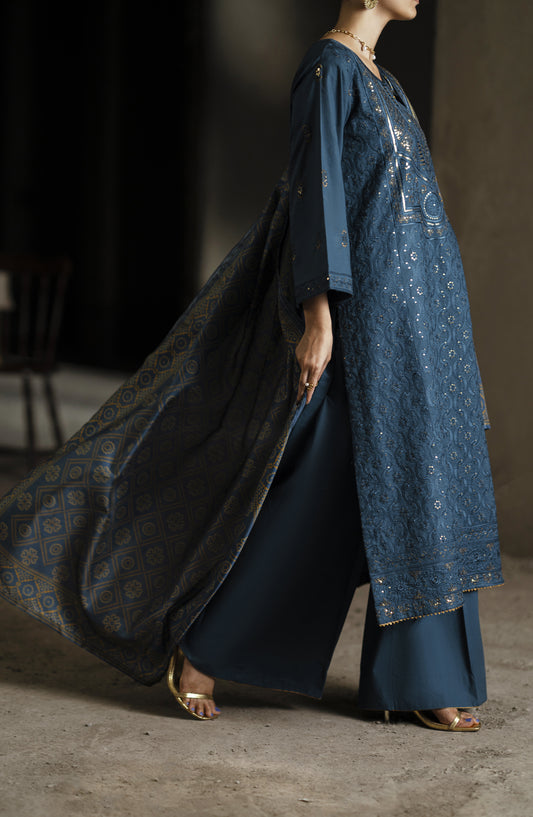 Casual Lite Shaam Boutique Embroidered Silk Viscose Stitched 3 Piece Suit - Teal Radiance - CL25SHM - Teal - Winter Collection