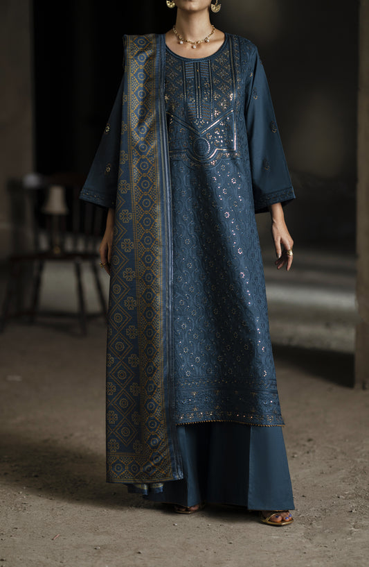 Casual Lite Shaam Boutique Embroidered Silk Viscose Stitched 3 Piece Suit - Teal Radiance - CL25SHM - Teal - Winter Collection