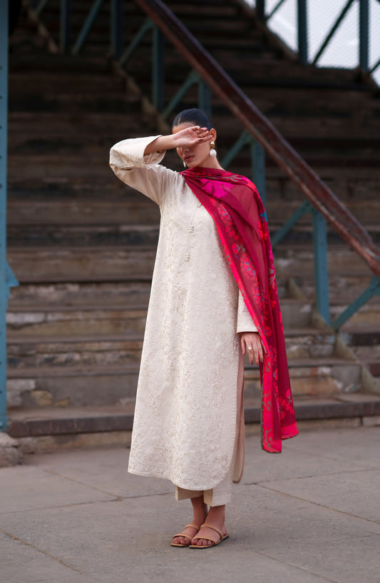 Casual Lite Embroidered Cotton Lawn Stitched 3 Piece Suit - Blush Ivory - CL26TRV - Light Fawn - Summer Travels Collection