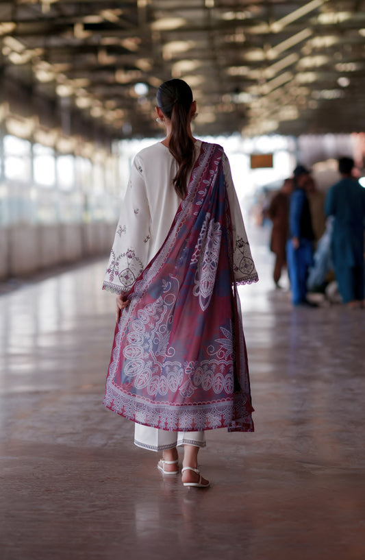Casual Lite Embroidered Cotton Lawn Stitched 3 Piece Suit - Morning Muse - CL26TRV - White - Summer Travels Collection