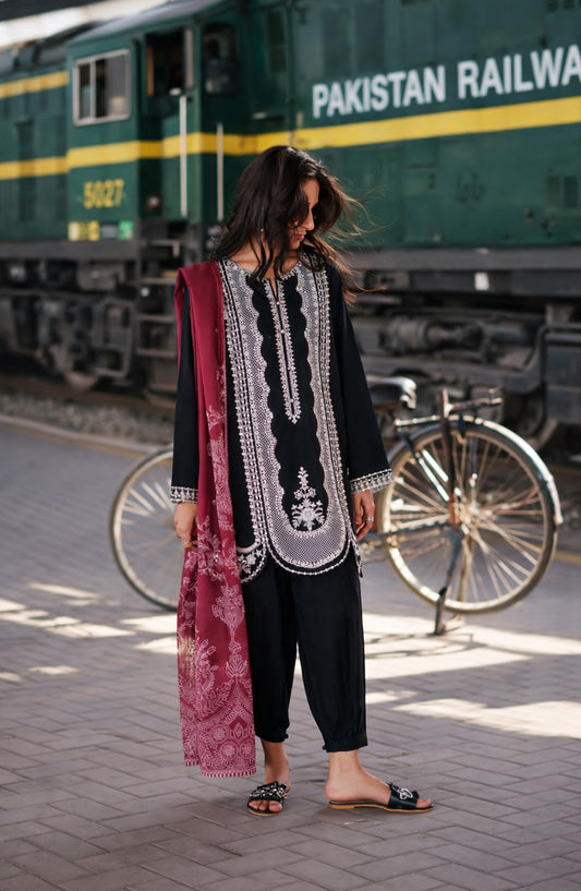 Casual Lite Embroidered Cotton Lawn Stitched 3 Piece Suit - Noir Grace - CL26TRV - Black - Summer Travels Collection