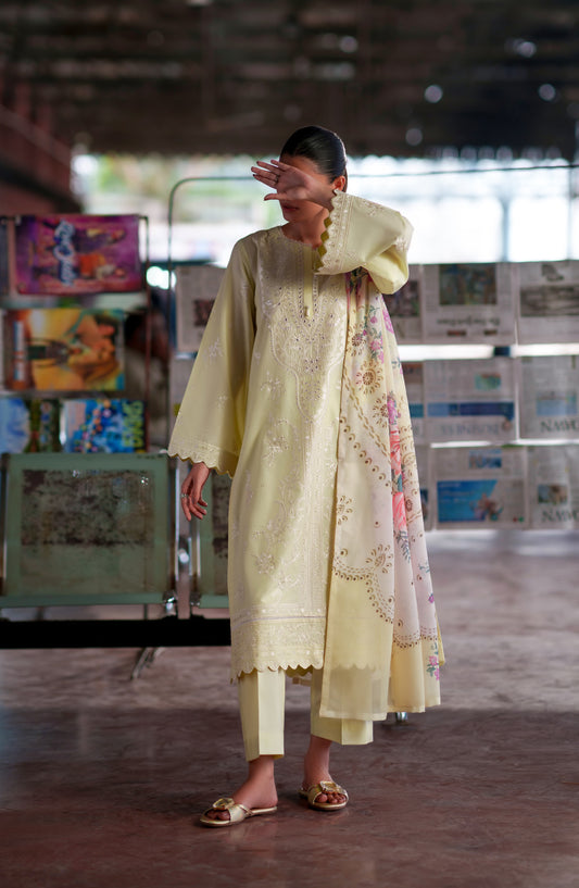 Casual Lite Embroidered Cotton Lawn Stitched 3 Piece Suit - Lemon Eclat - CL26TRV - Yellow - Summer Travels Collection