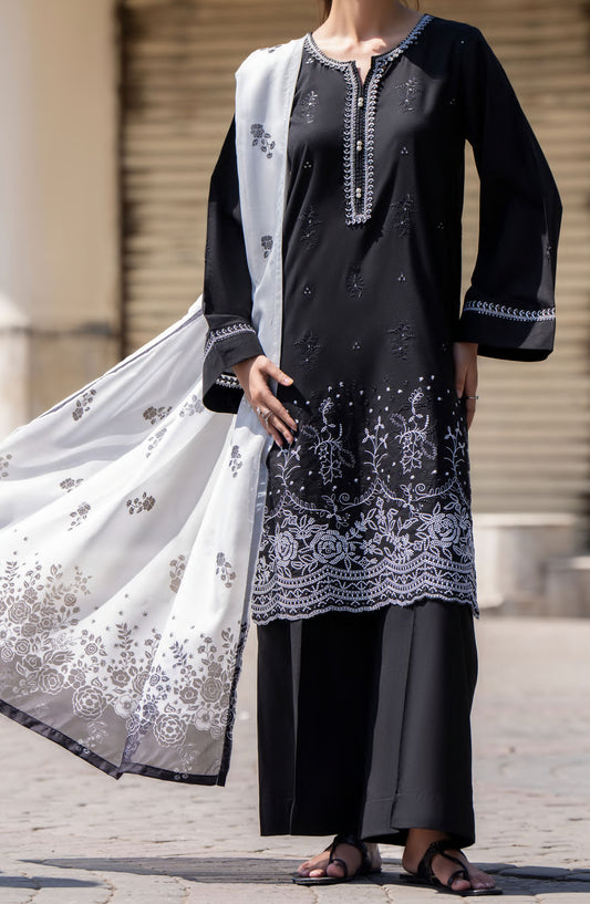 Casual Lite Embroidered Lawn Stitched 3 Piece Suit - Classic Black - CL25MNCD1 - Black - Summer Collection