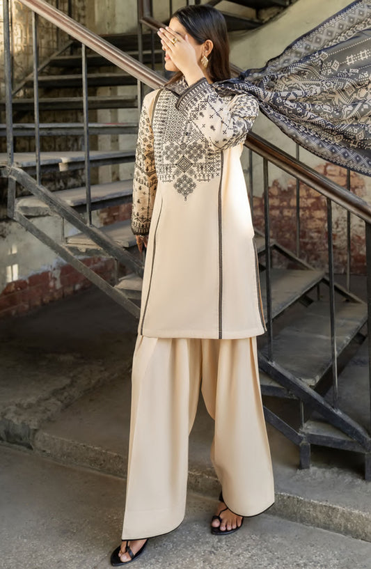 Casual Lite Embroidered Lawn Stitched 3 Piece Suit - Soft Beige - CL25MNCD1 - Beige - Summer Collection