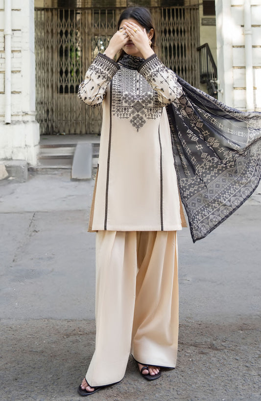 Casual Lite Embroidered Lawn Stitched 3 Piece Suit - Soft Beige - CL25MNCD1 - Beige - Summer Collection