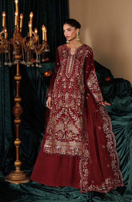 Celeste by Emaan Adeel Embroidered Organza Unstitched 3 Piece Suit - 02 Solstice - ED26CLS - Maroon - Festive Collection