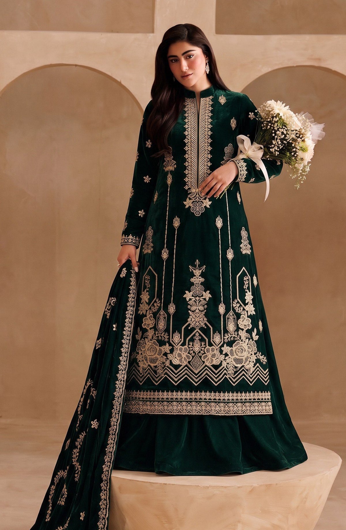 Chanchal by Amna Khadija Embroidered Velvet Unstitched 3 Piece Suit - D-01 - AM26CNL - Green - Winter Collection