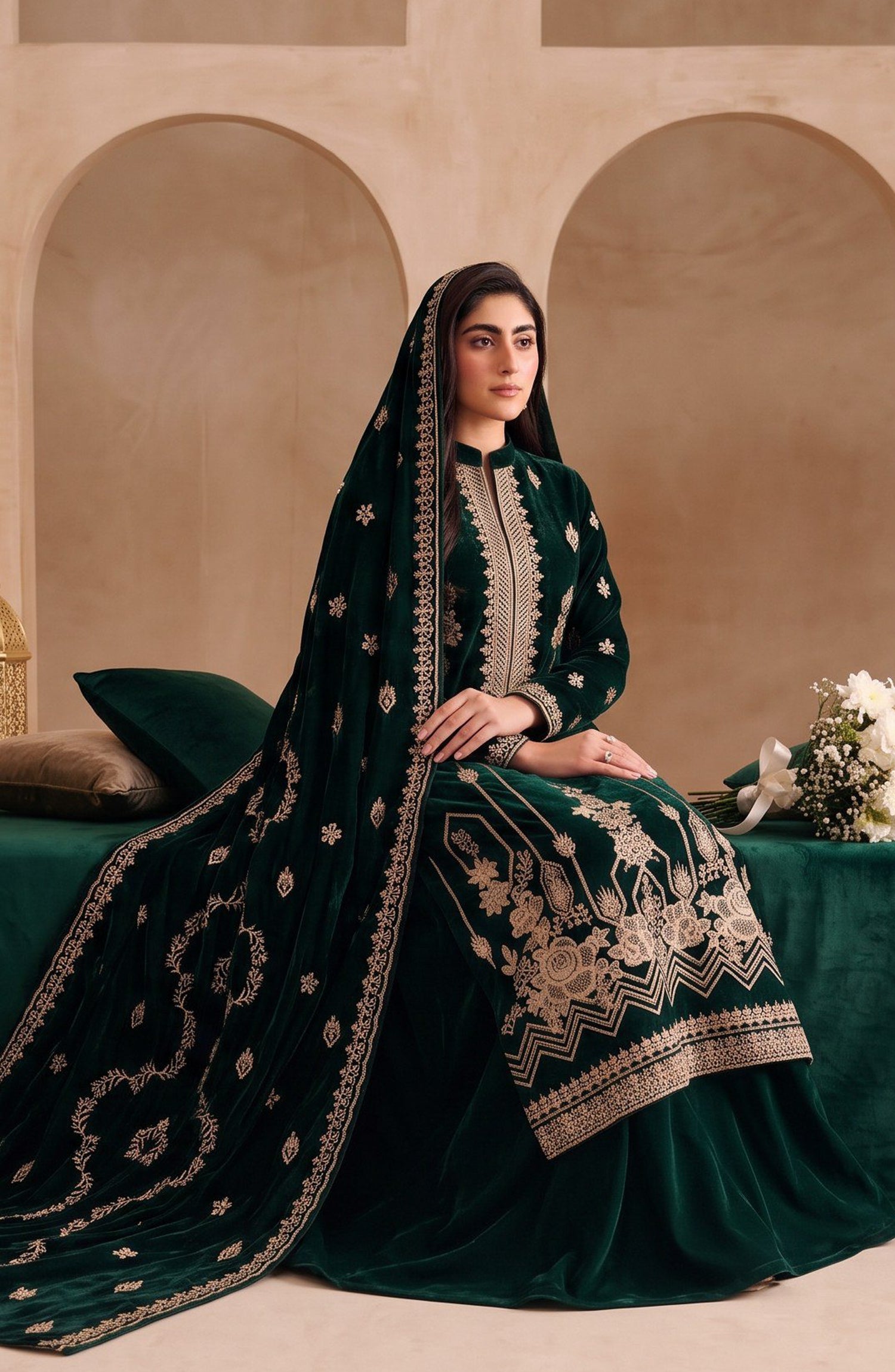 Chanchal by Amna Khadija Embroidered Velvet Unstitched 3 Piece Suit - D-01 - AM26CNL - Green - Winter Collection