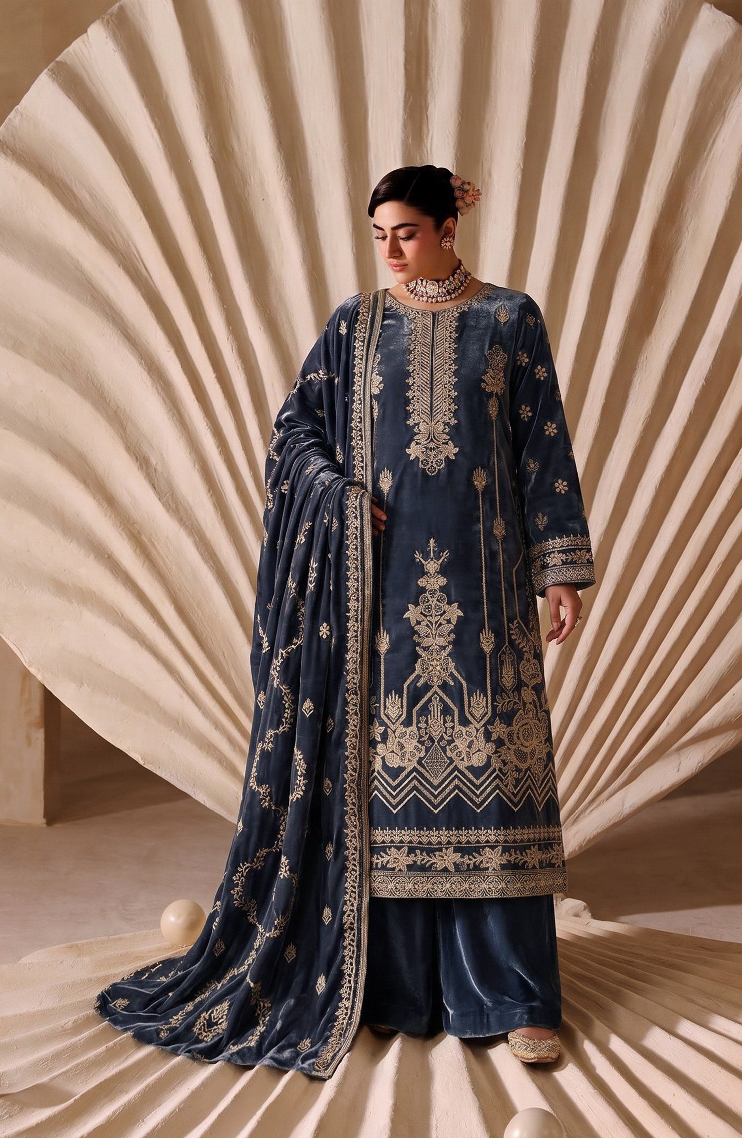 Chanchal by Amna Khadija Embroidered Velvet Unstitched 3 Piece Suit - D-02 - AM26CNL - Blue - Winter Collection