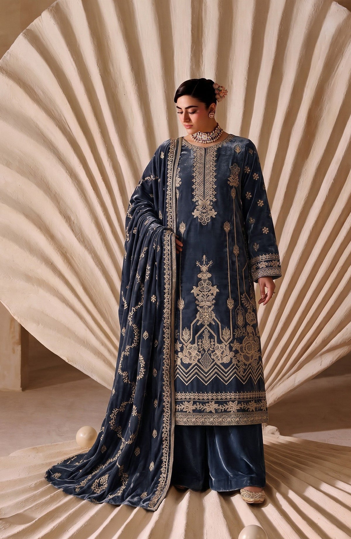 Chanchal by Amna Khadija Embroidered Velvet Unstitched 3 Piece Suit - D-02 - AM26CNL - Blue - Winter Collection
