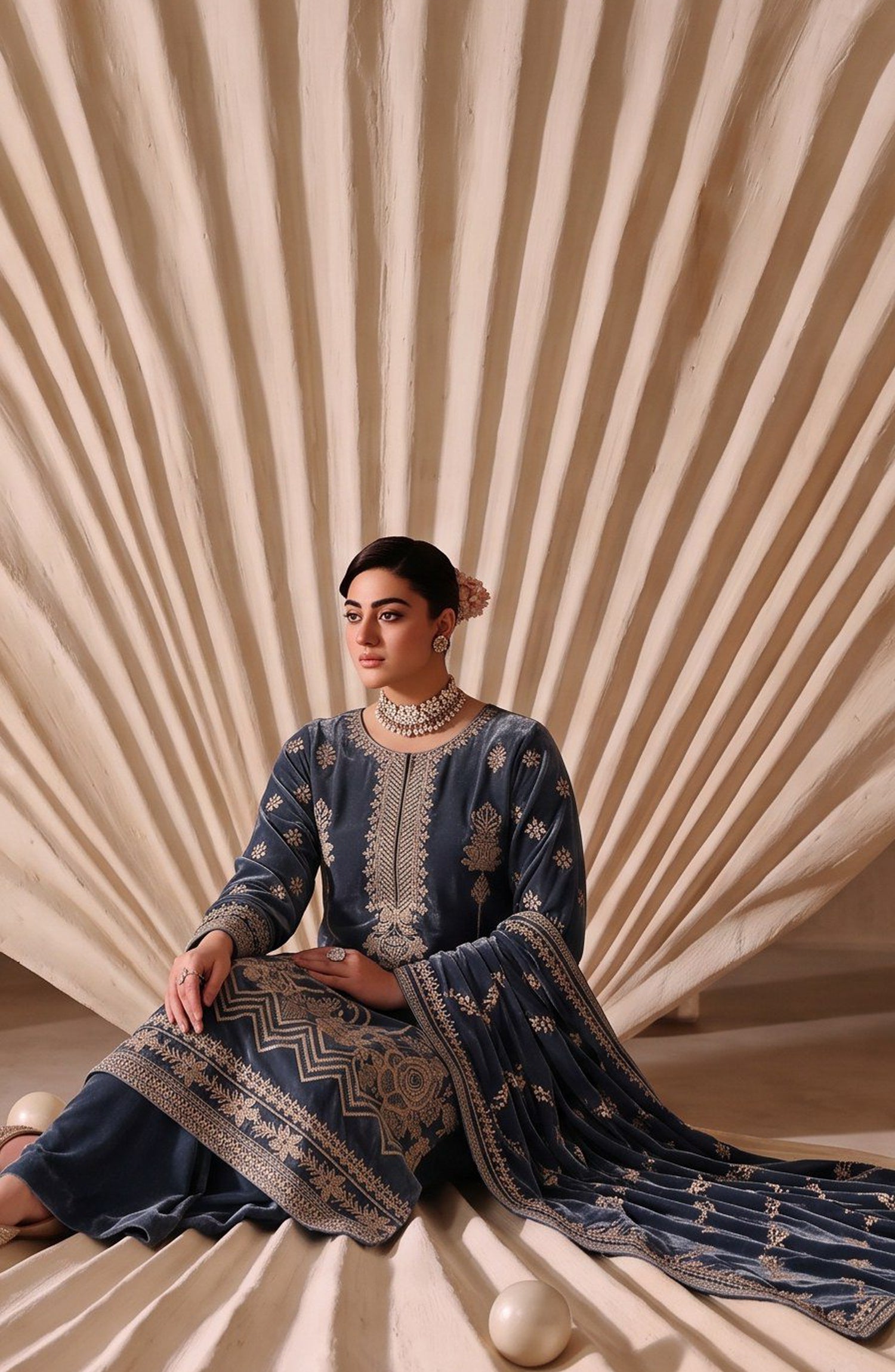 Chanchal by Amna Khadija Embroidered Velvet Unstitched 3 Piece Suit - D-02 - AM26CNL - Blue - Winter Collection