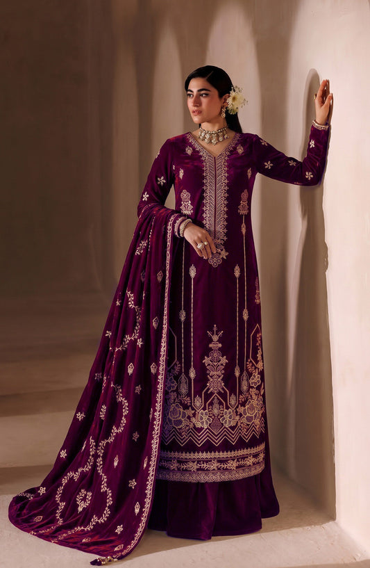 Chanchal by Amna Khadija Embroidered Velvet Unstitched 3 Piece Suit - D-03 - AM26CNL - Purple - Winter Collection