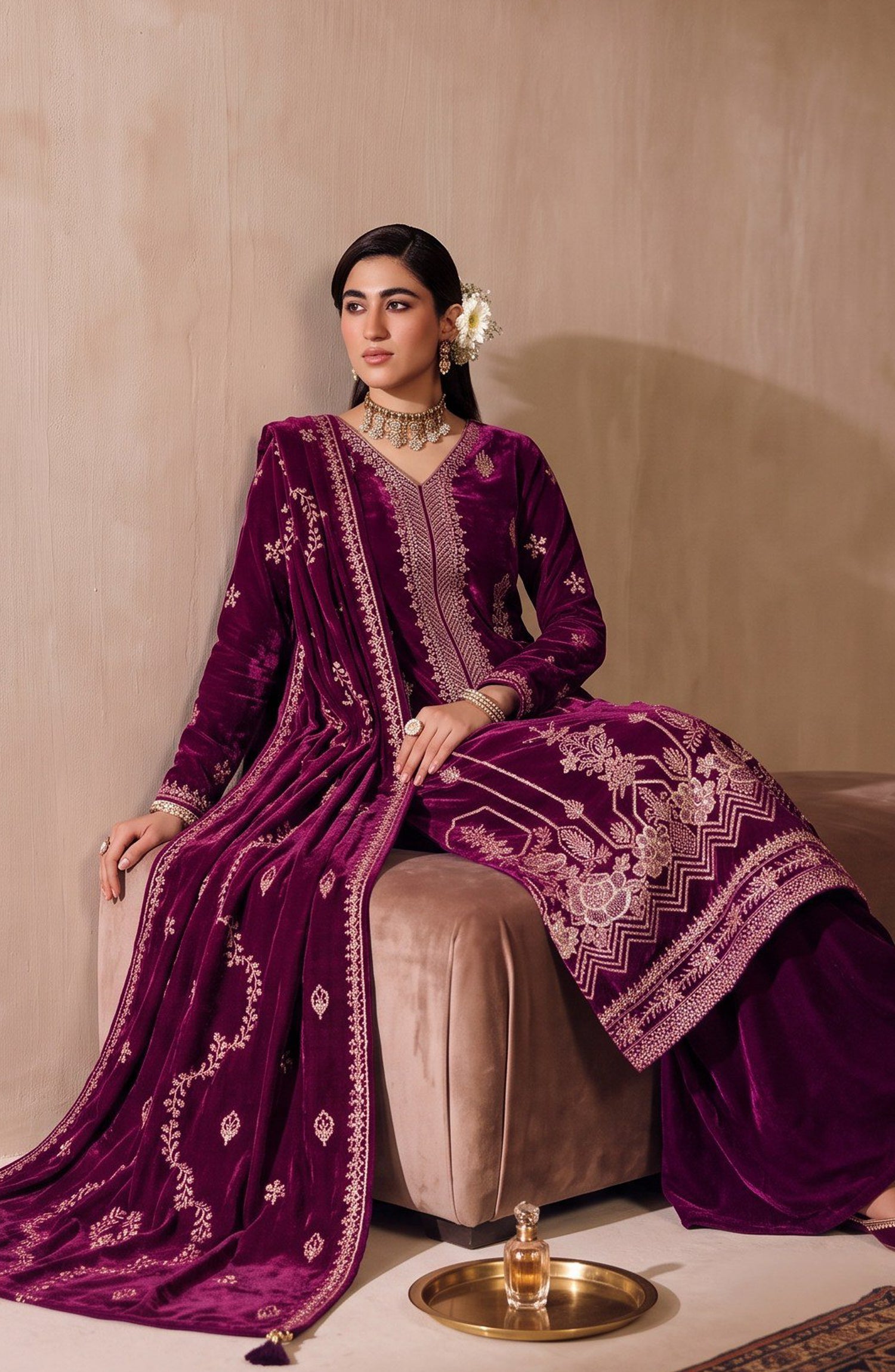 Chanchal by Amna Khadija Embroidered Velvet Unstitched 3 Piece Suit - D-03 - AM26CNL - Purple - Winter Collection