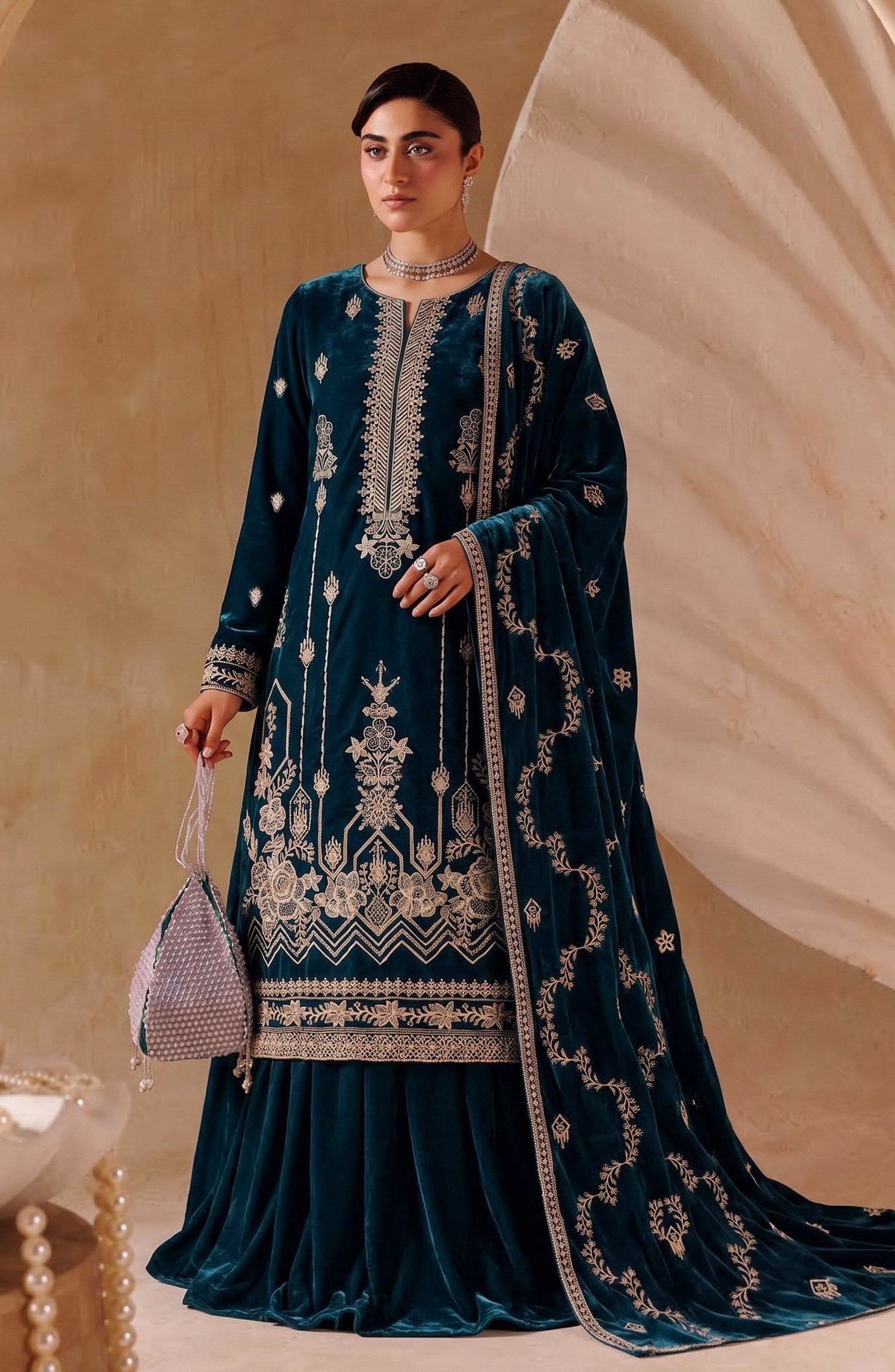Chanchal by Amna Khadija Embroidered Velvet Unstitched 3 Piece Suit - D-04 - AM26CNL - Blue - Winter Collection