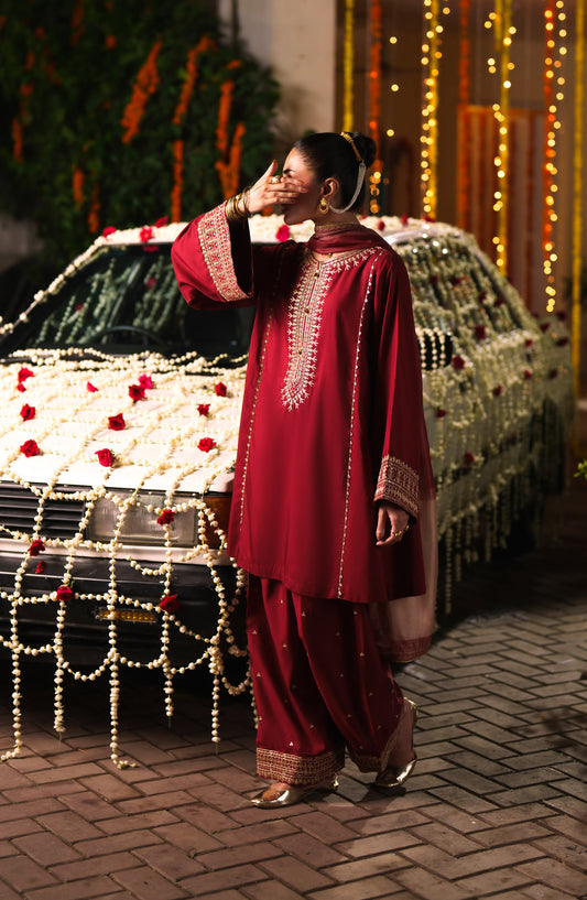 Chand Baali by Casual Lite Embroidered Silk Viscose Stitched 3 Piece Suit - 03 Waqar-e-Surkh - CL26CND - Red - Festive Collection