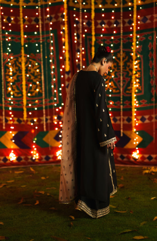 Chand Baali by Casual Lite Embroidered Silk Viscose Stitched 3 Piece Suit - 06 Noor-e-Shab - CL26CND - Black - Festive Collection