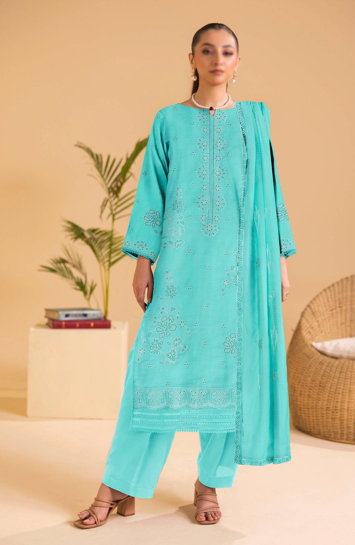 Chandni by Al Karim Embroidered Lawn Unstitched 3 Piece Suit - D-02 - AK26CHN - Ferozi - Summer Collection