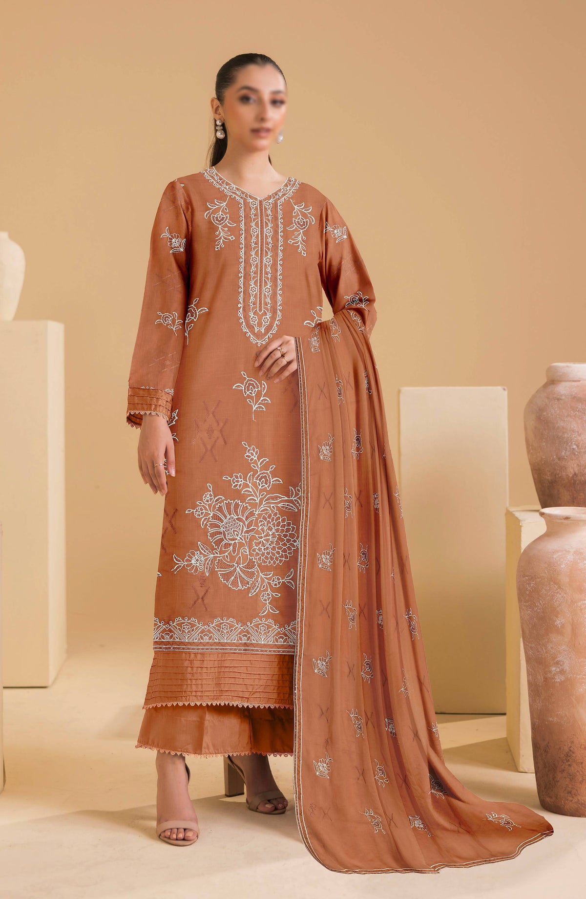Chandni by Al Karim Embroidered Lawn Unstitched 3 Piece Suit - D-03 - AK26CHN - Rust - Summer Collection