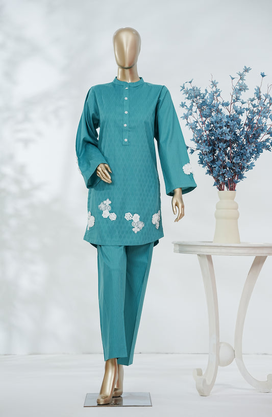 Cmeili by Amna Khadija Solid Jacquard Stitched 2 Piece Co-ords Set - AKCF-03 - AM26AKCF - Teal - Summer Collection