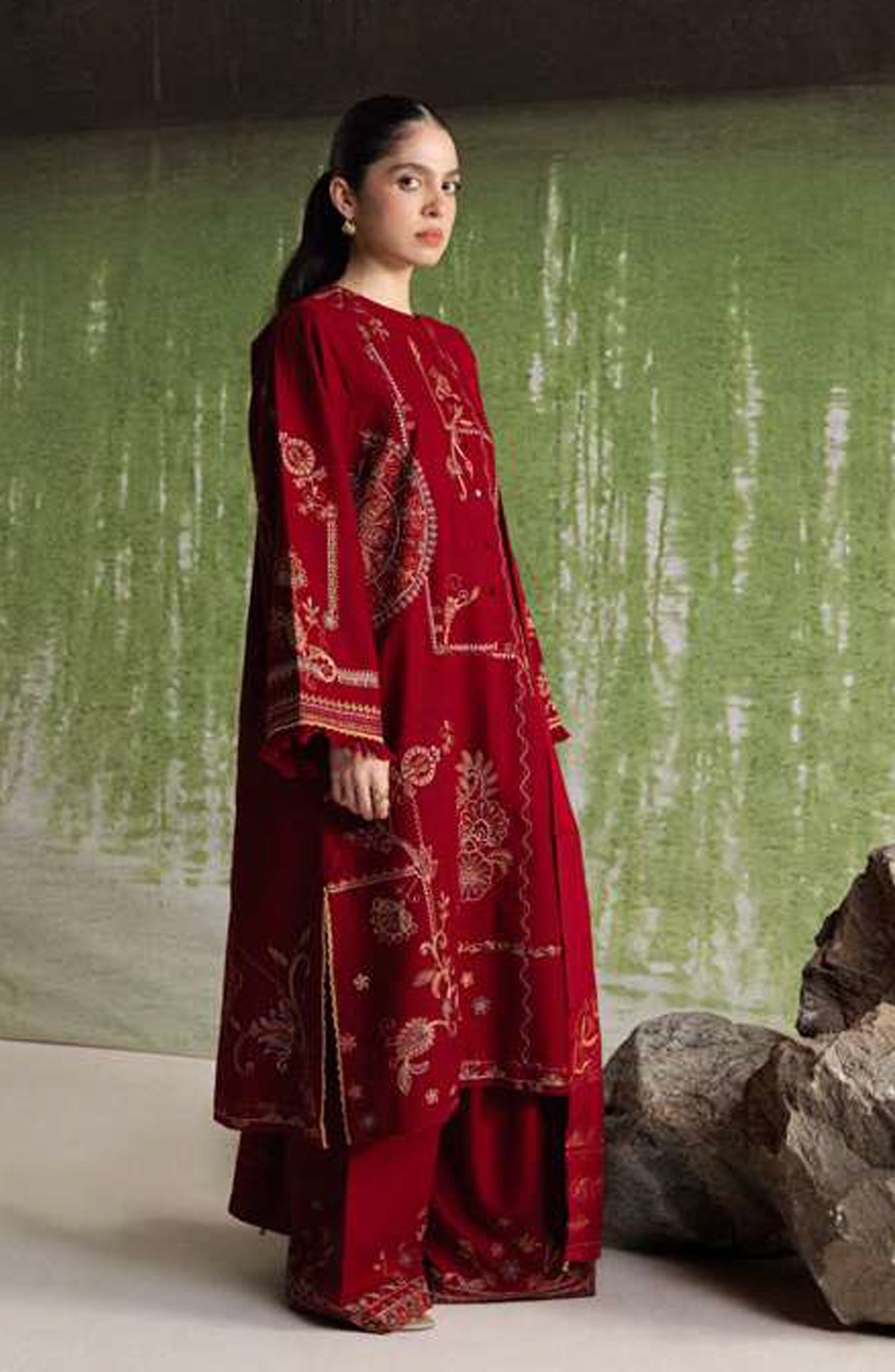 Coco by Zara Shahjahan Embroidered Khaddar Unstitched 3 Piece Suit - D-10A - ZS26CW - Red - Winter Collection