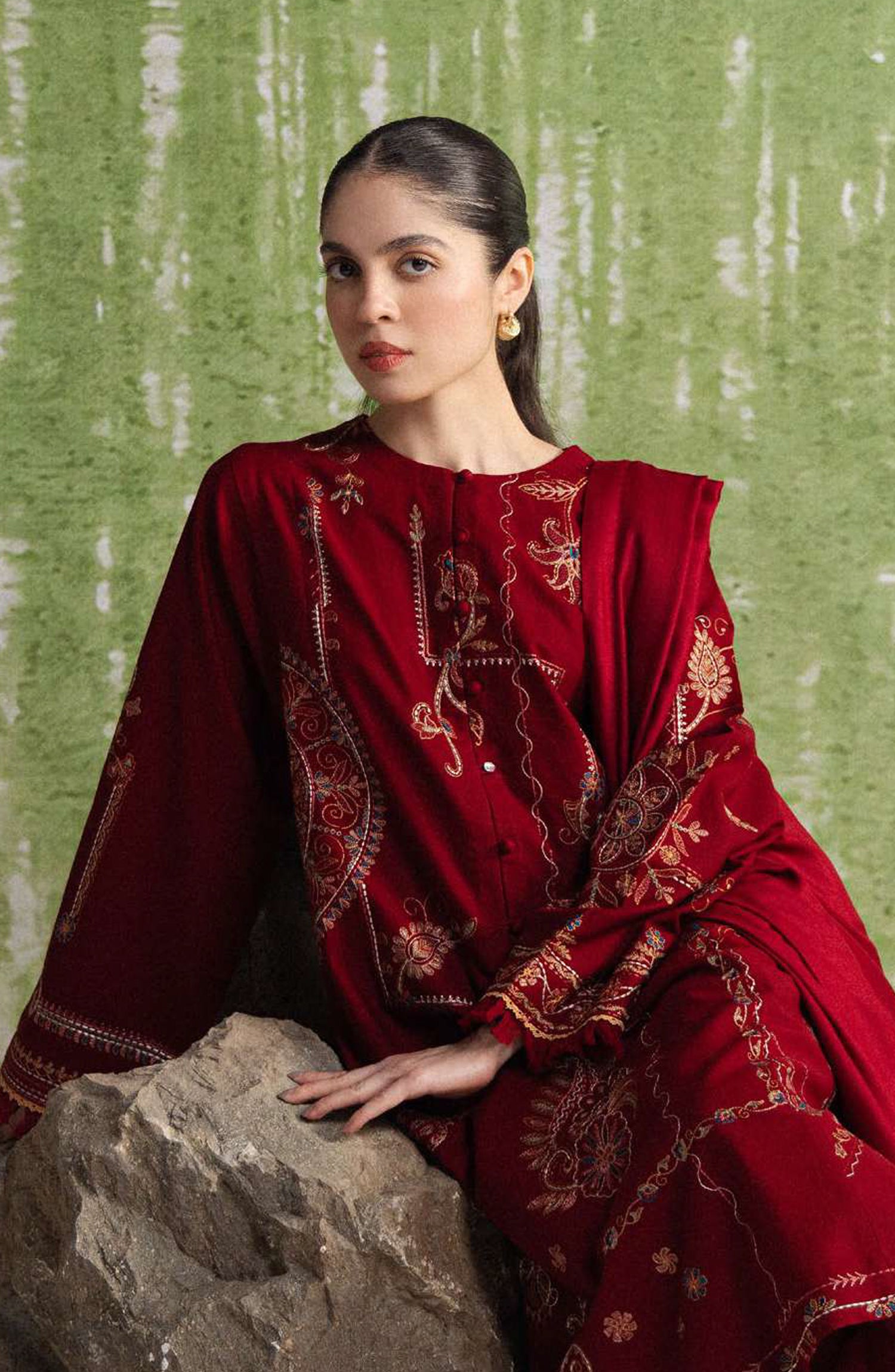 Coco by Zara Shahjahan Embroidered Khaddar Unstitched 3 Piece Suit - D-10A - ZS26CW - Red - Winter Collection