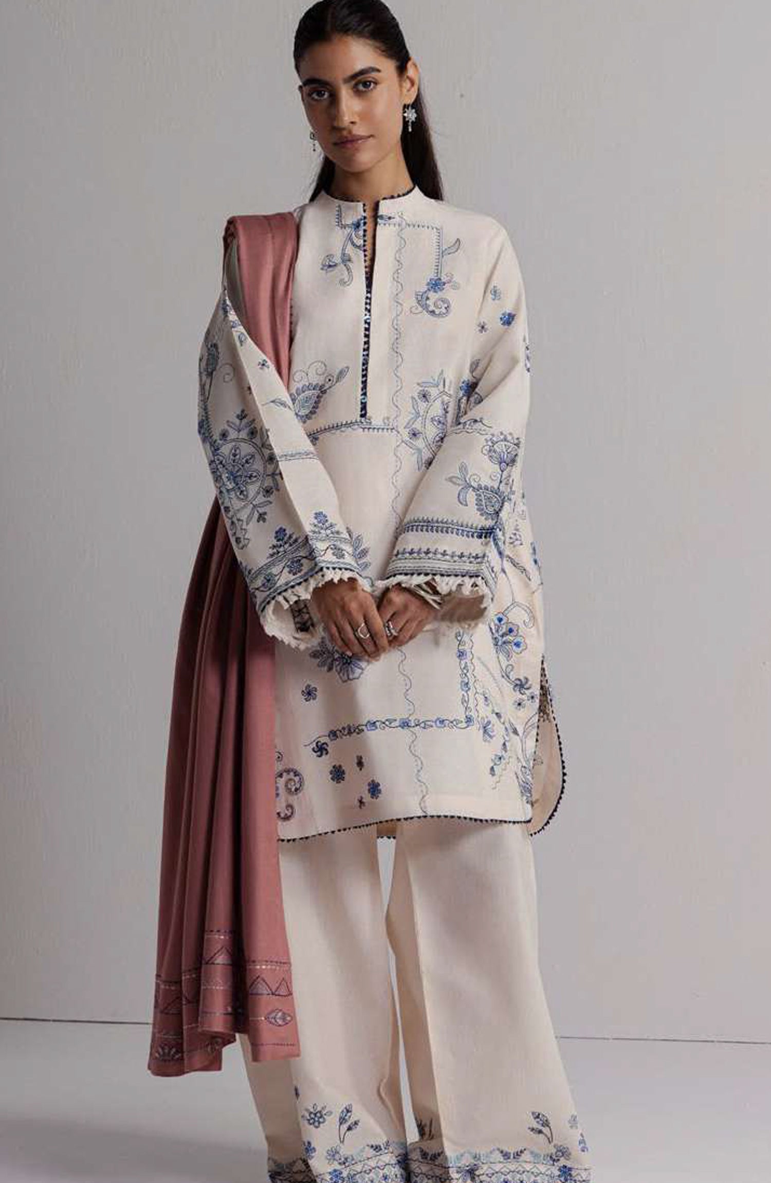 Coco by Zara Shahjahan Embroidered Khaddar Unstitched 3 Piece Suit - D-10B - ZS26CW - White - Winter Collection