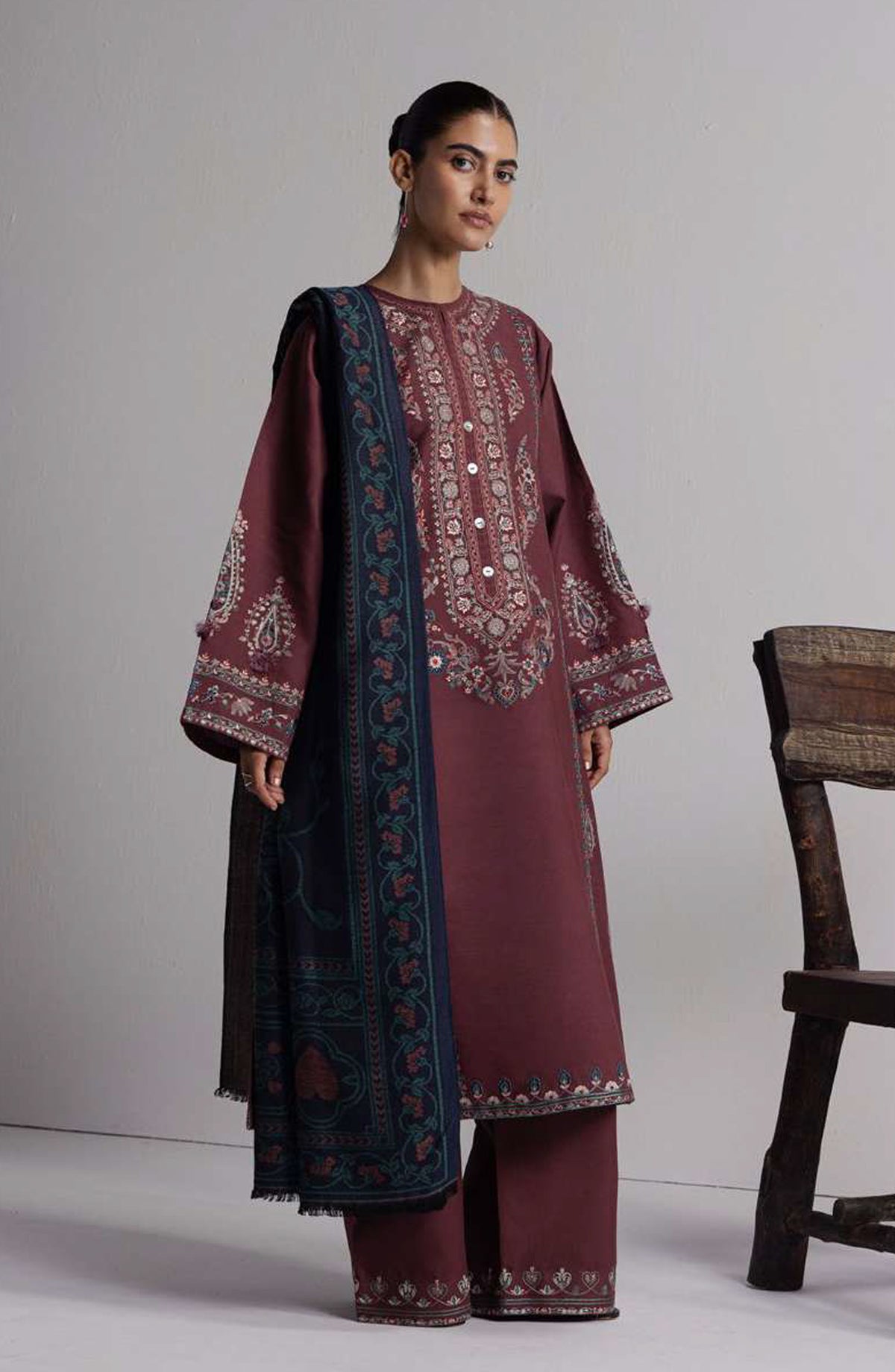 Coco by Zara Shahjahan Embroidered Khaddar Unstitched 3 Piece Suit - D-1A - ZS26CW - Burgundy - Winter Collection