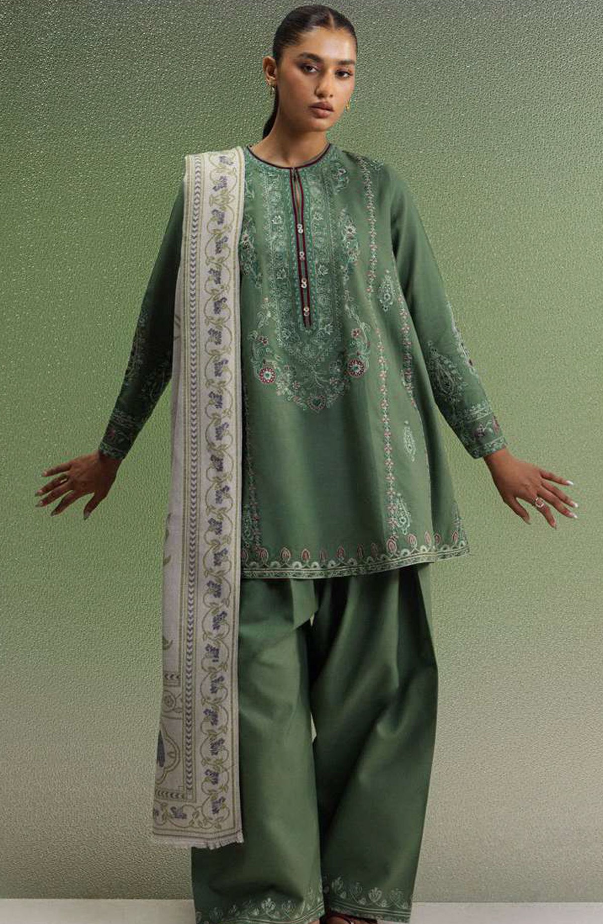 Coco by Zara Shahjahan Embroidered Khaddar Unstitched 3 Piece Suit - D-1B - ZS26CW - Green - Winter Collection