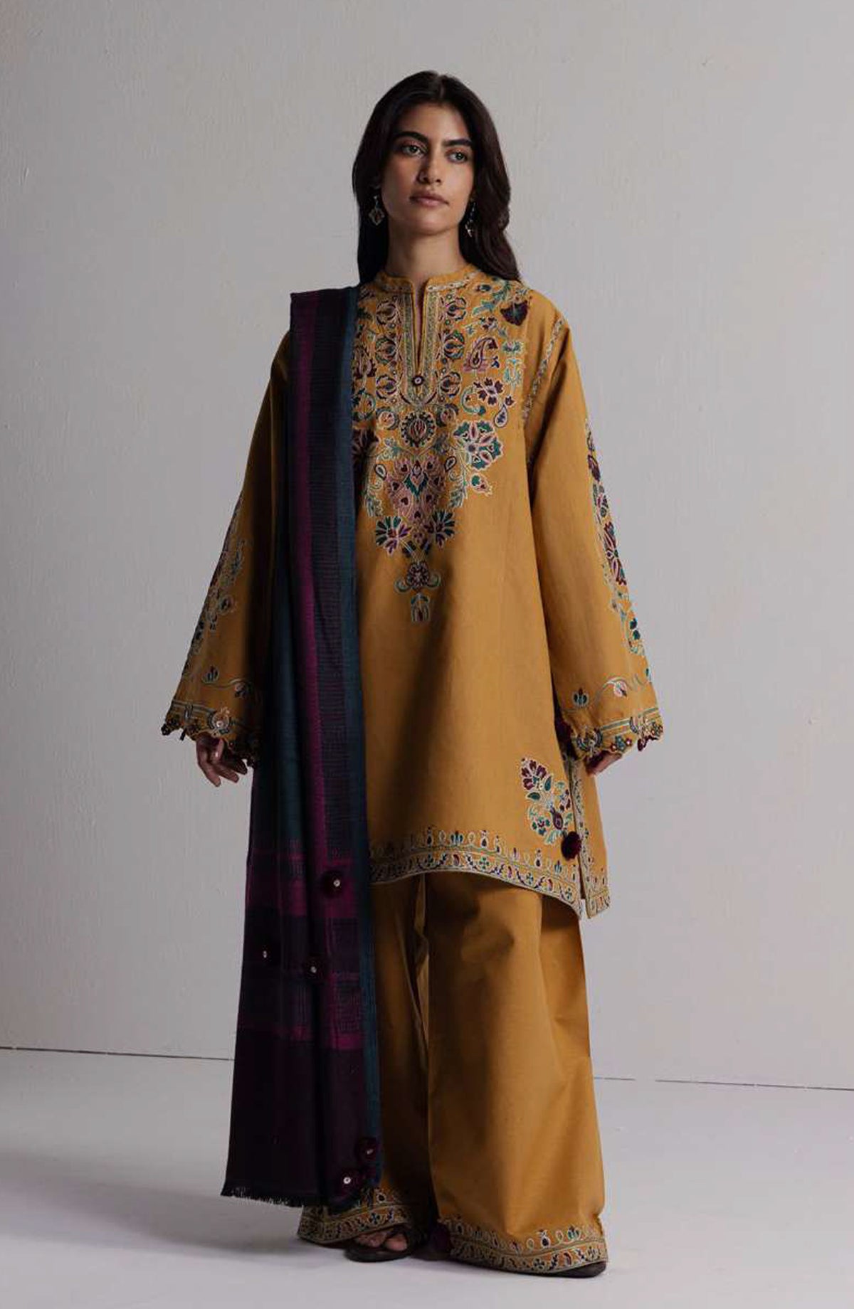 Coco by Zara Shahjahan Embroidered Karandi Unstitched 3 Piece Suit - D-2A - ZS26CW - Mustard - Winter Collection