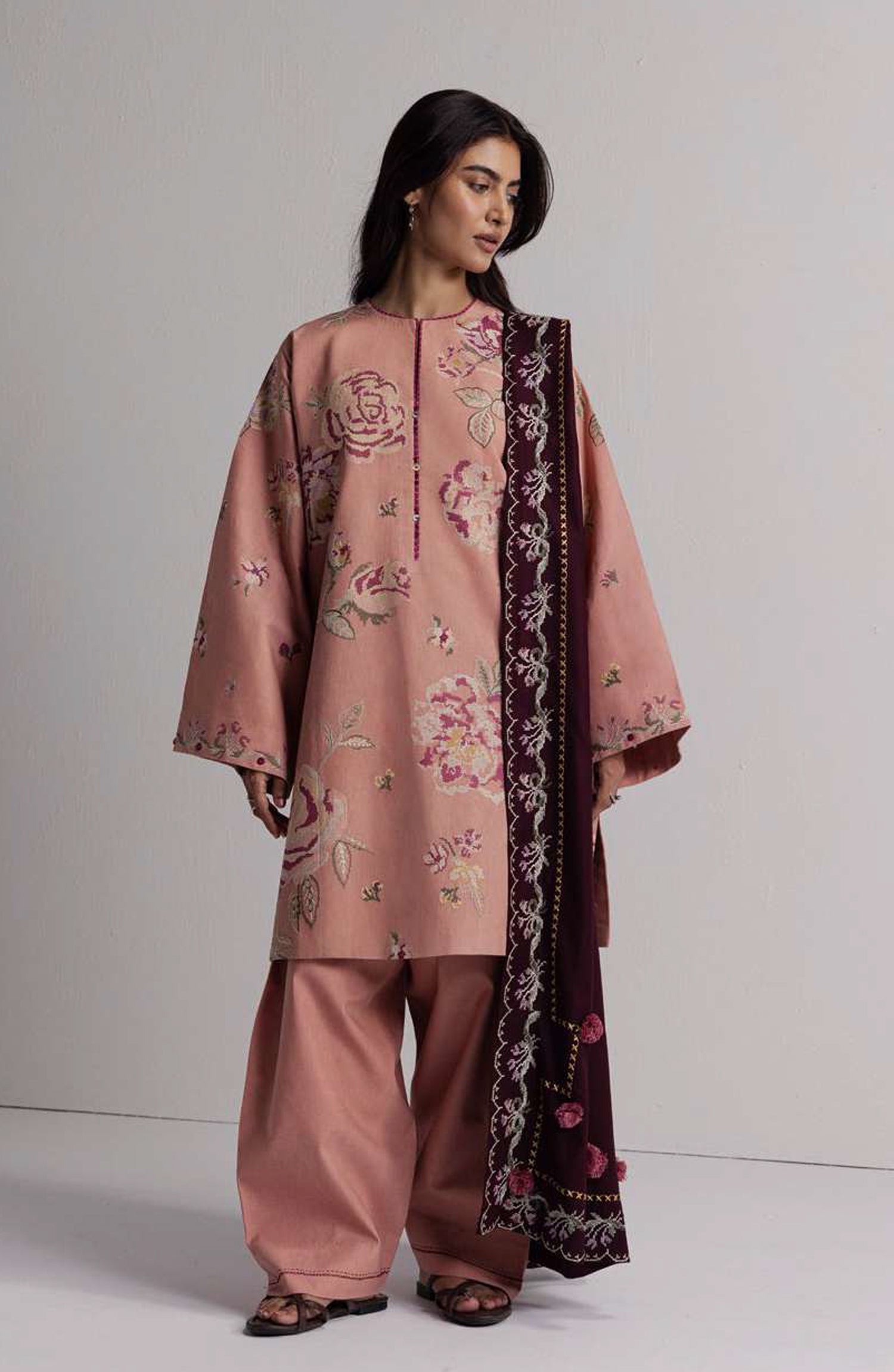 Coco by Zara Shahjahan Embroidered Karandi Unstitched 3 Piece Suit - D-3A - ZS26CW - Pink - Winter Collection