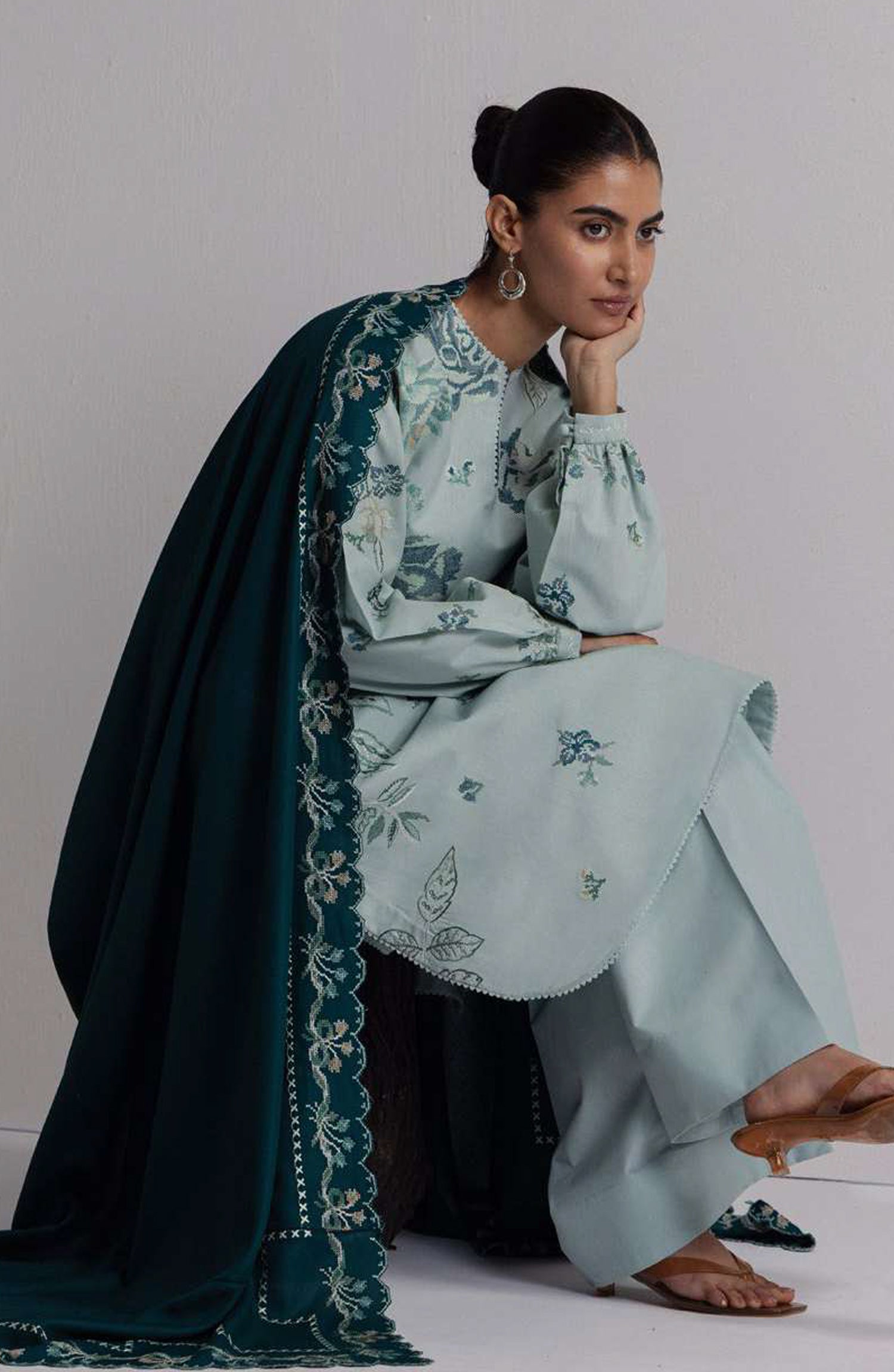 Coco by Zara Shahjahan Embroidered Karandi Unstitched 3 Piece Suit - D-3B - ZS26CW - Ice Blue - Winter Collection