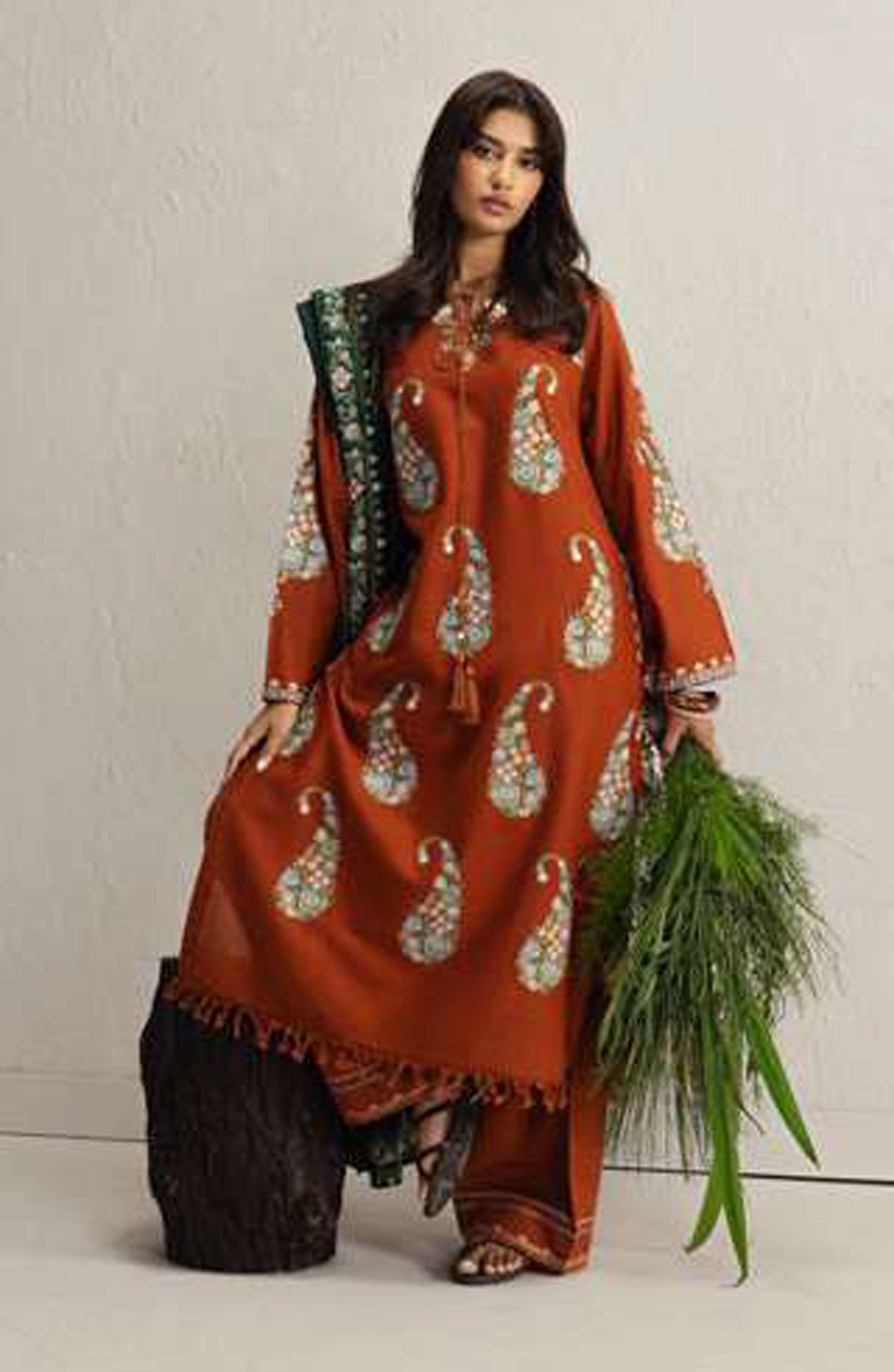 Coco by Zara Shahjahan Embroidered Khaddar Unstitched 3 Piece Suit - D-6B - ZS26CW - Orange - Winter Collection