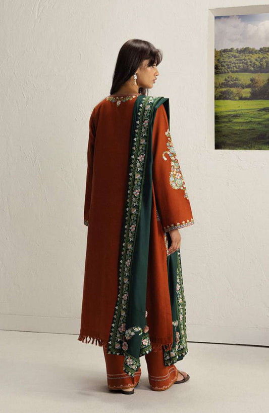 Coco by Zara Shahjahan Embroidered Khaddar Unstitched 3 Piece Suit - D-6B - ZS26CW - Orange - Winter Collection