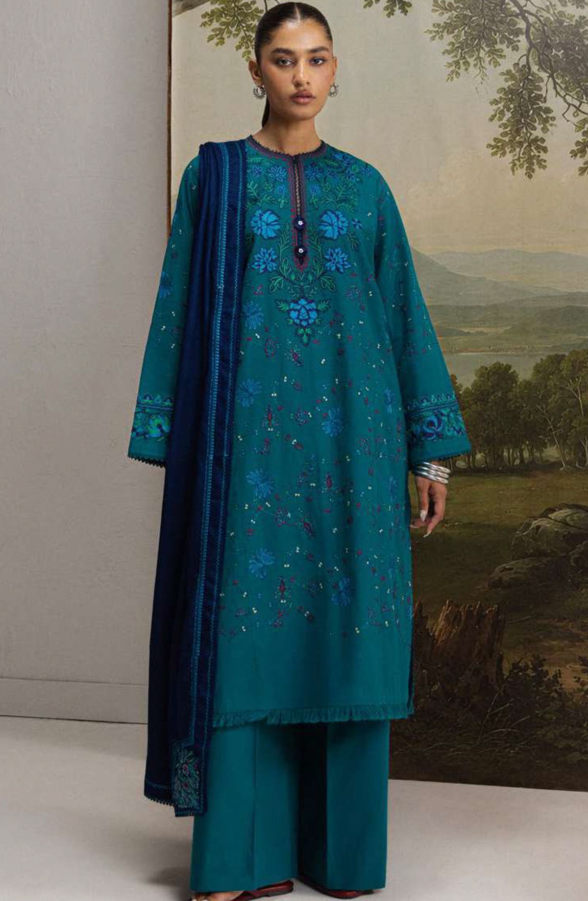 Coco by Zara Shahjahan Embroidered Karandi Unstitched 3 Piece Suit - D-7A - ZS26CW - Teal - Winter Collection