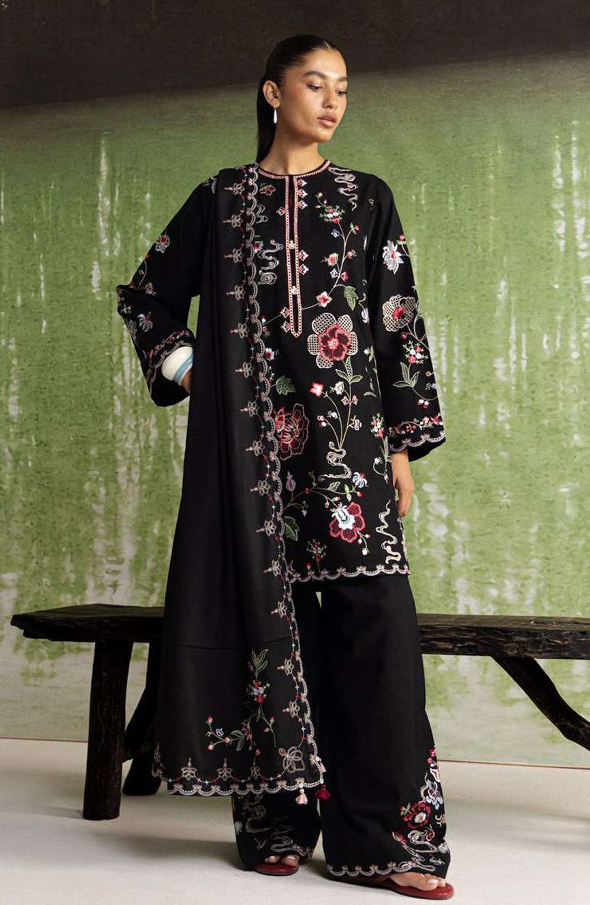 Coco by Zara Shahjahan Embroidered Khaddar Unstitched 3 Piece Suit - D-8A - ZS26CW - Black - Winter Collection