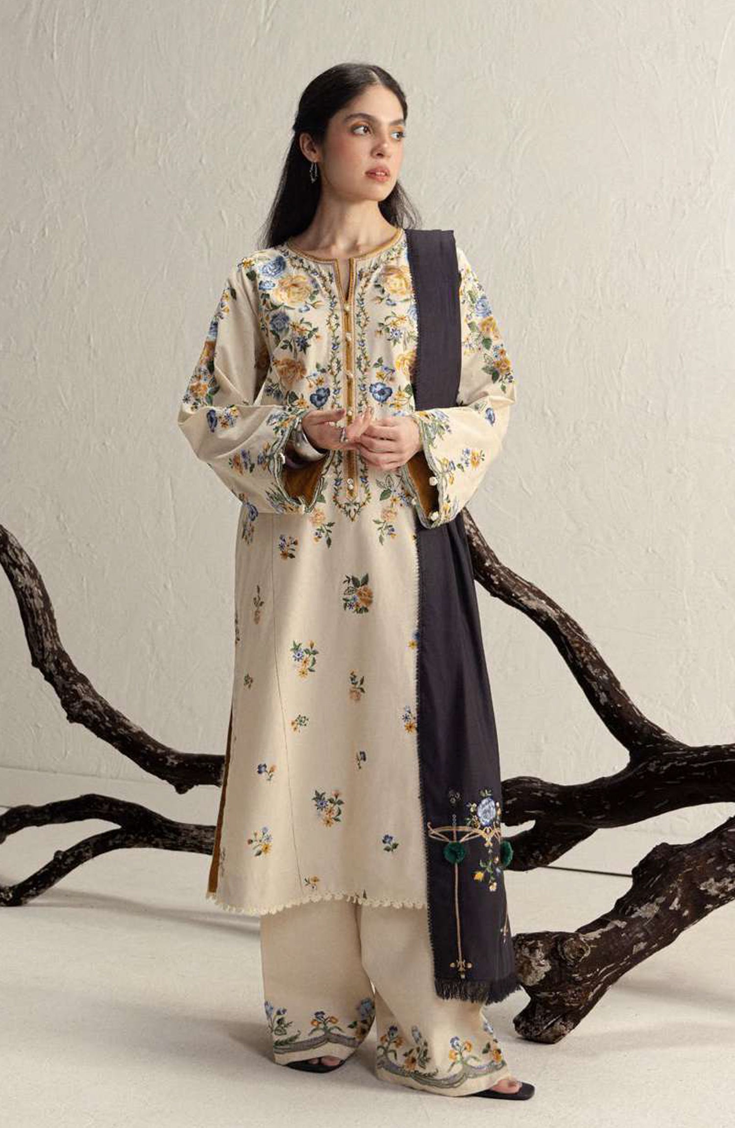 Coco by Zara Shahjahan Embroidered Karandi Unstitched 3 Piece Suit - D-9B - ZS26CW - Skin - Winter Collection