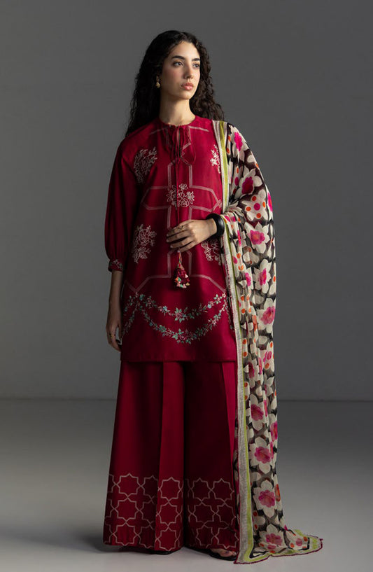 Coco by Zara Shahjahan Embroidered Lawn Unstitched 3 Piece Suit - Rivae-1B - ZS26LW - Red - Summer Collection