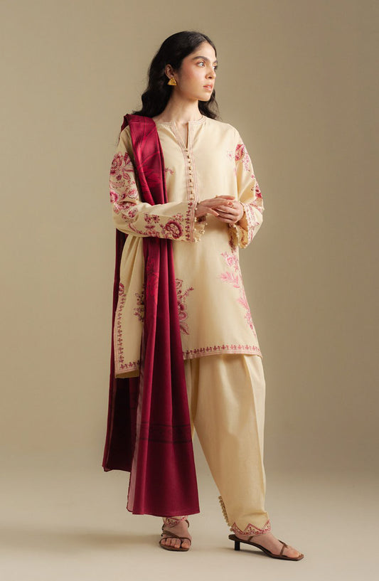 Coco by Zara Shahjahan Embroidered Khaddar Unstitched 3 Piece Suit - Snowdrop-10A - ZS25CUW - Fawn - Winter Collection