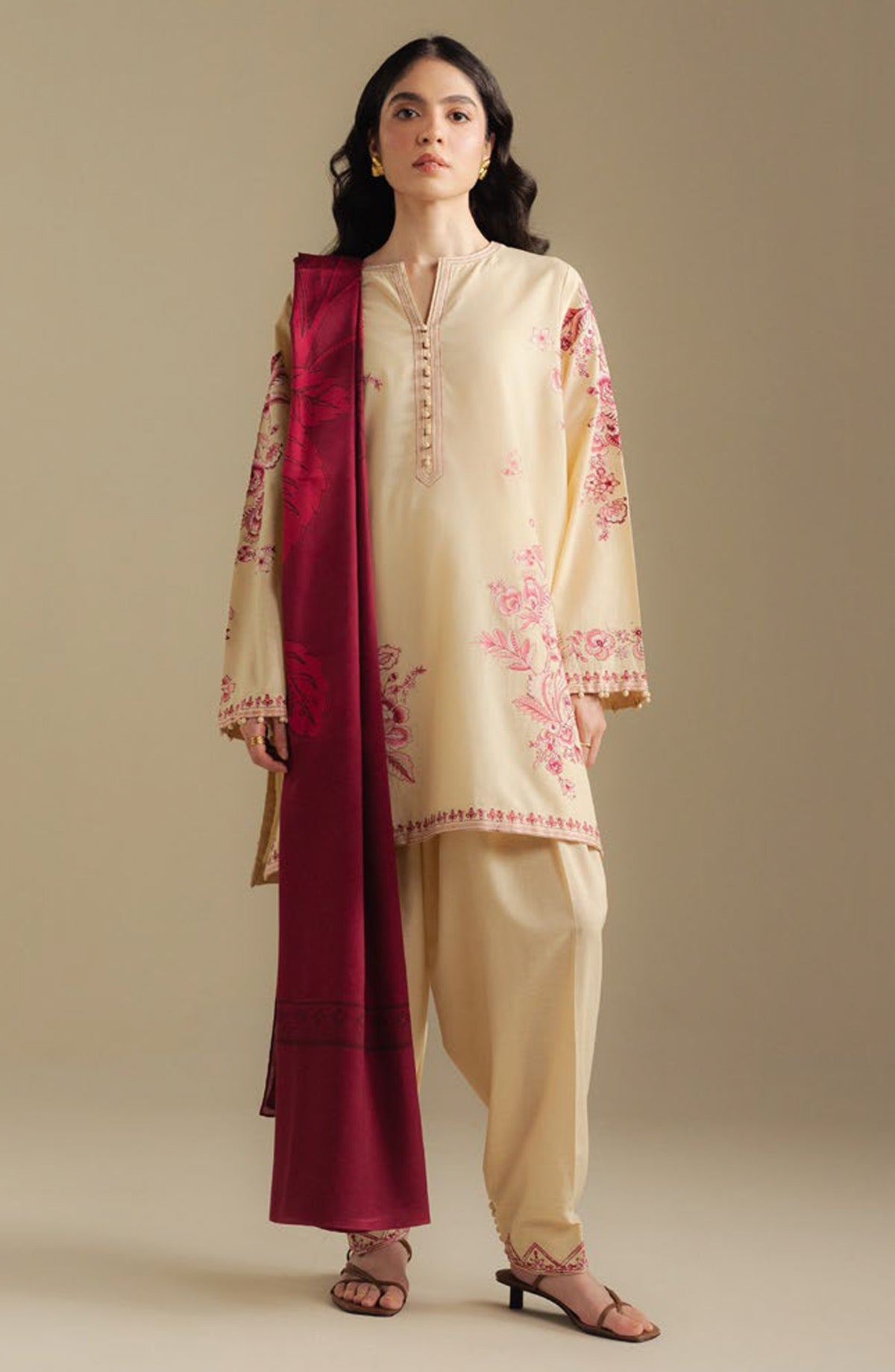 Coco by Zara Shahjahan Embroidered Khaddar Unstitched 3 Piece Suit - Snowdrop-10A - ZS25CUW - Fawn - Winter Collection