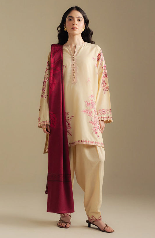 Coco by Zara Shahjahan Embroidered Khaddar Unstitched 3 Piece Suit - Snowdrop-10A - ZS25CUW - Fawn - Winter Collection