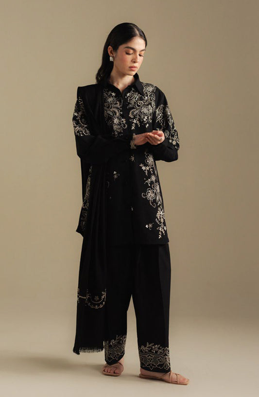 Coco by Zara Shahjahan Embroidered Karandi Unstitched 3 Piece Suit - Laurel-9A - ZS25CUW - Black - Winter Collection