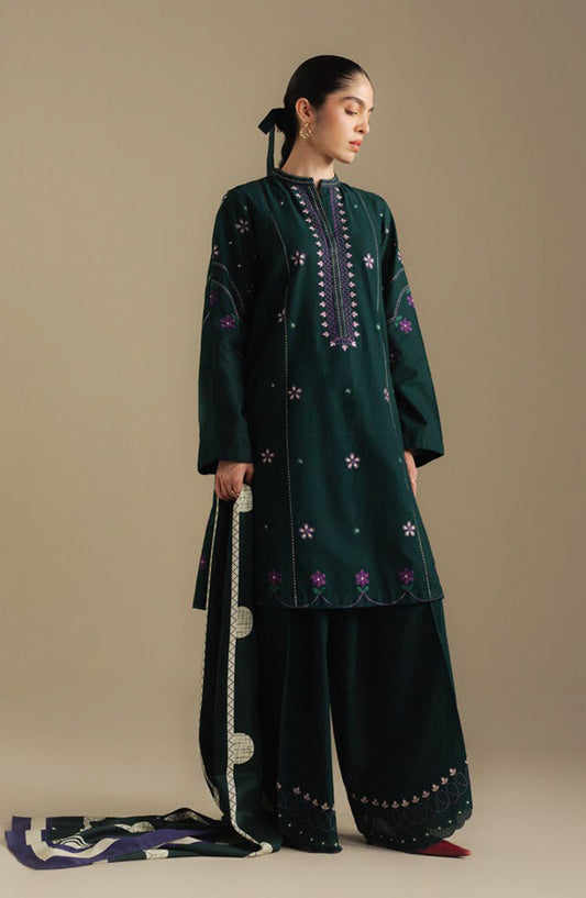 Coco by Zara Shahjahan Embroidered Khaddar Unstitched 3 Piece Suit - Fawn-8A - ZS25CUW - Green - Winter Collection