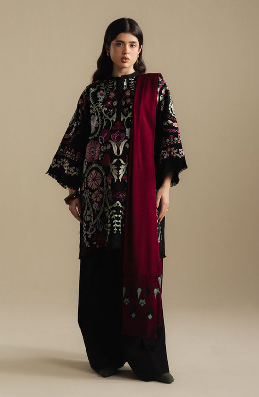 Coco by Zara Shahjahan Embroidered Khaddar Unstitched 3 Piece Suit - Breeze-7B - ZS25CUW - Black - Winter Collection