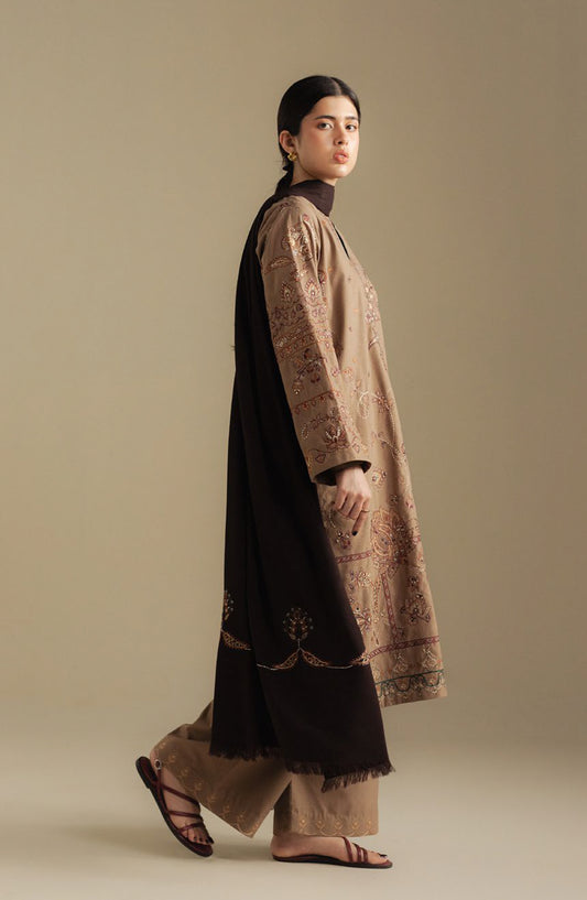 Coco by Zara Shahjahan Embroidered Karandi Unstitched 3 Piece Suit - Bloom-6B - ZS25CUW - Beige - Winter Collection